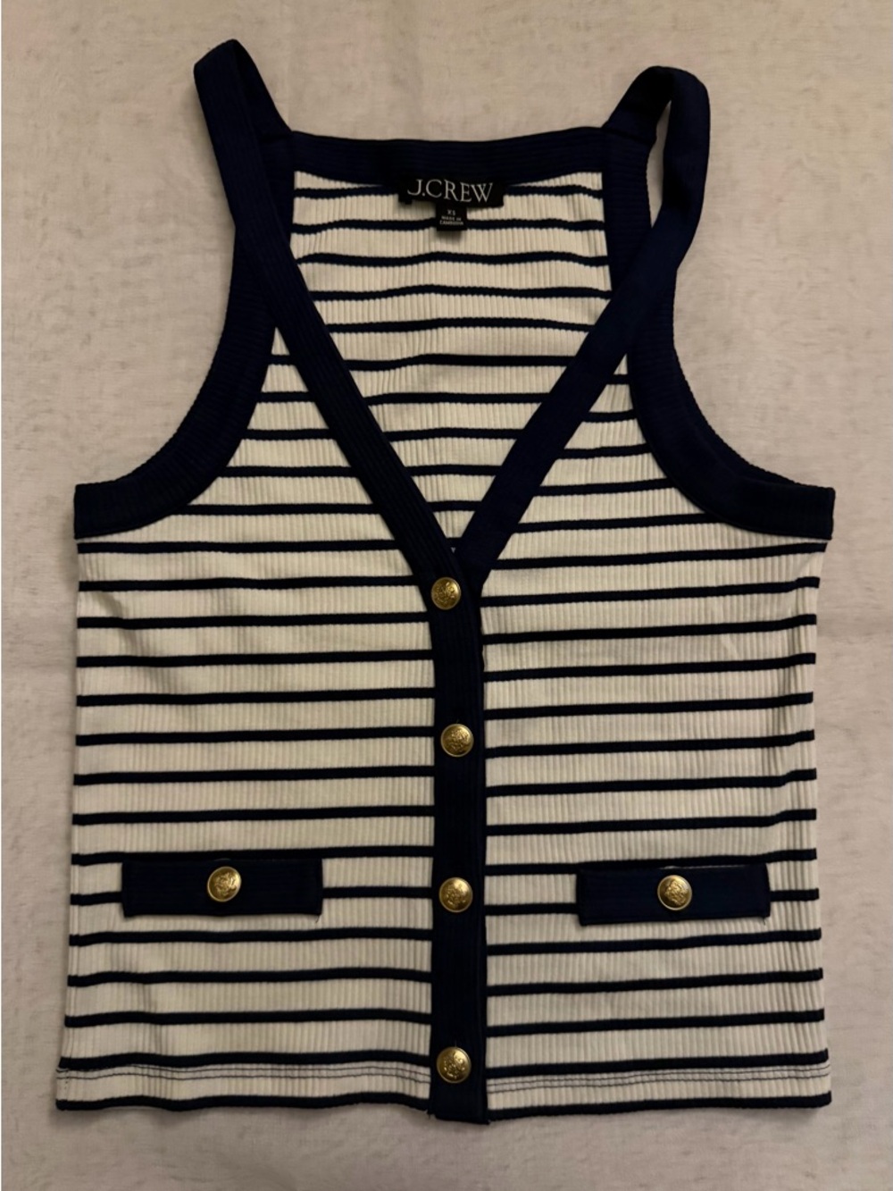 J. Crew Navy & White Striped Ribbed Button Tank
